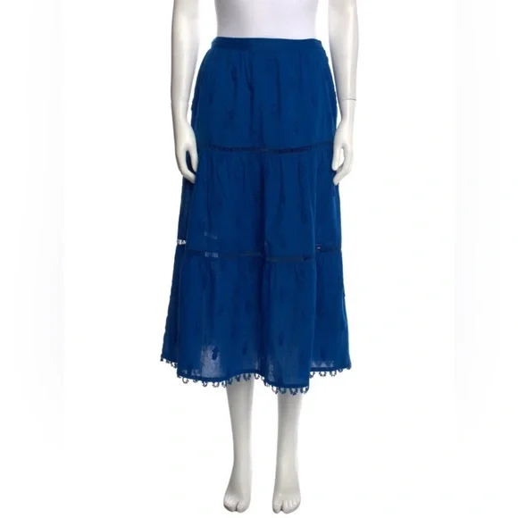 FARM Rio Blue 3D Pineapple Embroidered Midi Skirt Pom Pom Hem A-Line Size S NEW - Picture 5 of 12